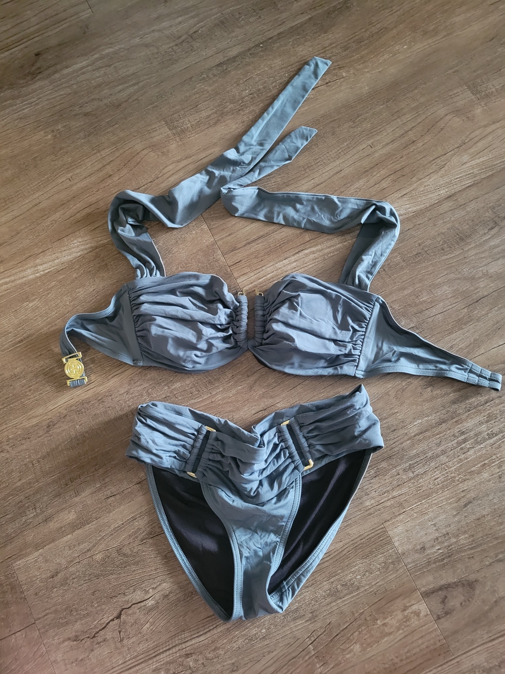 Gray Ruched Bikini Set with Gold Accent